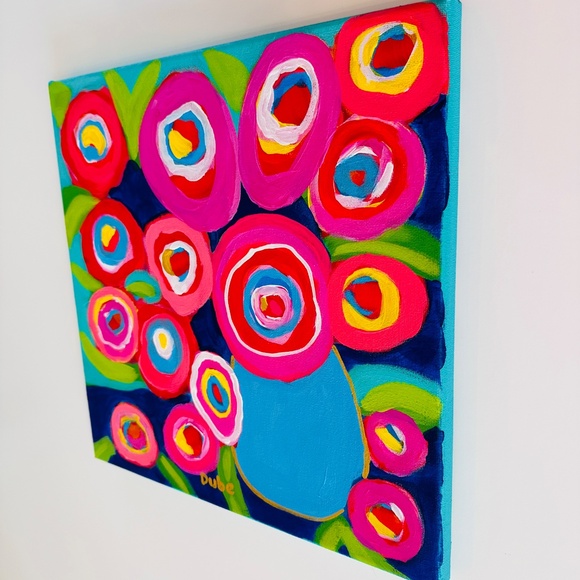 Original Painting Abstract Collectible Flowers Vase 12" x 12" Canvas - Picture 4 of 9